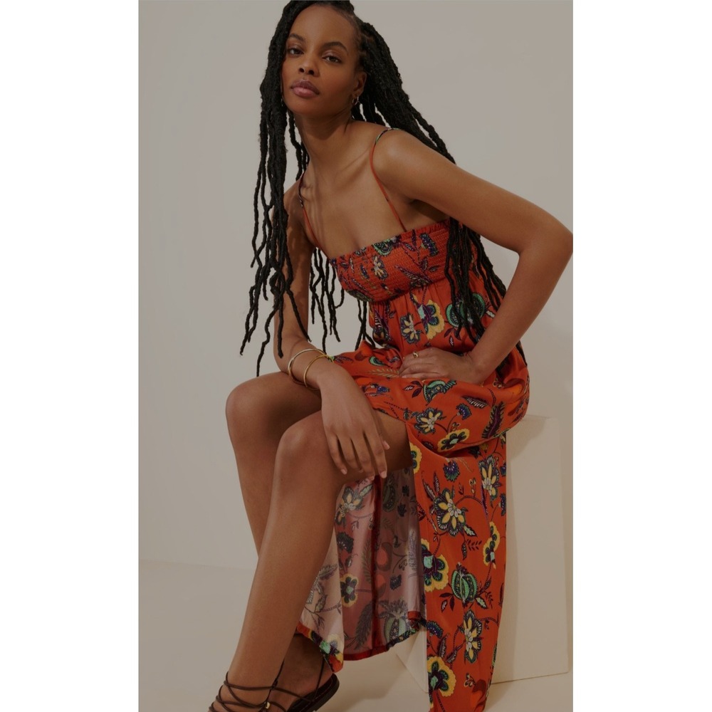 Maeve Anthropologie Orange Multi Color Floral Smocked Maxi Dress Cross‎ Back XXS